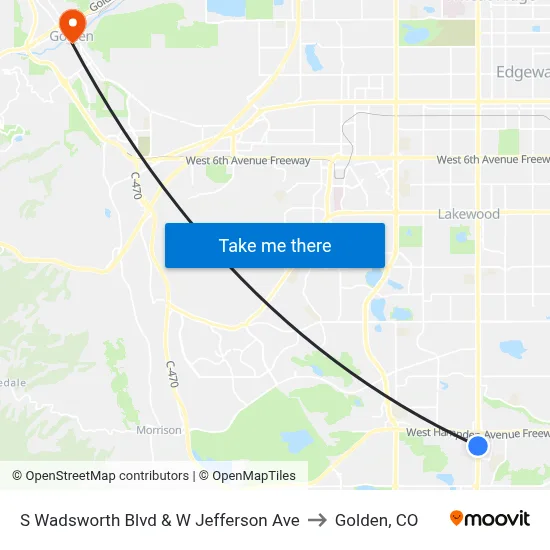 S Wadsworth Blvd & W Jefferson Ave to Golden, CO map