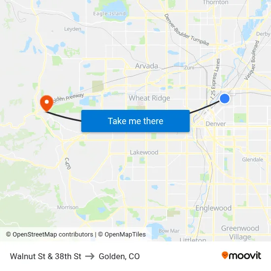Walnut St & 38th St to Golden, CO map