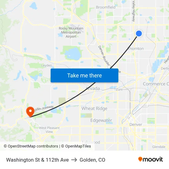 Washington St & 112th Ave to Golden, CO map