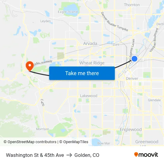 Washington St & 45th Ave to Golden, CO map