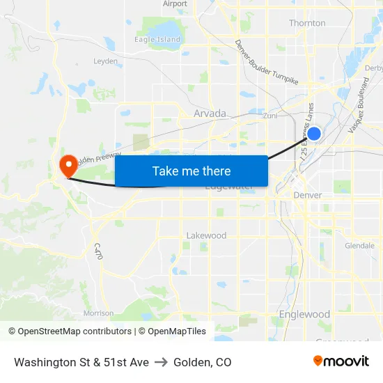 Washington St & 51st Ave to Golden, CO map