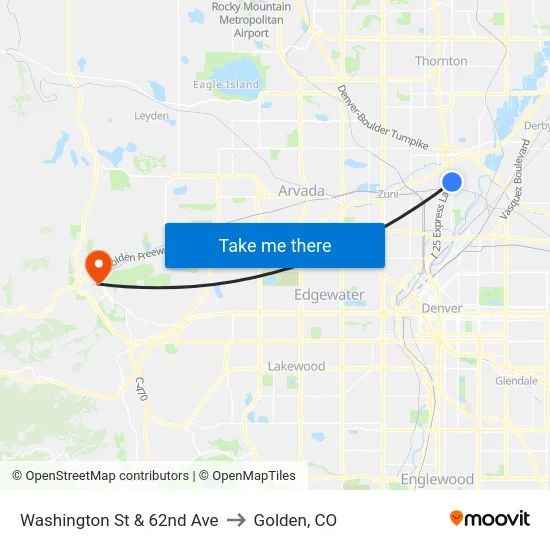 Washington St & 62nd Ave to Golden, CO map