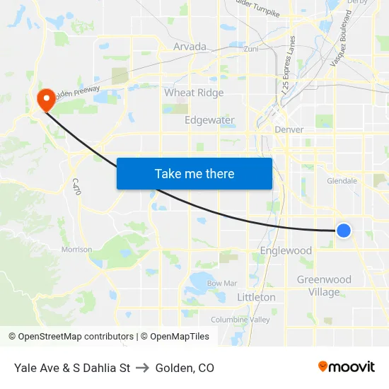 Yale Ave & S Dahlia St to Golden, CO map