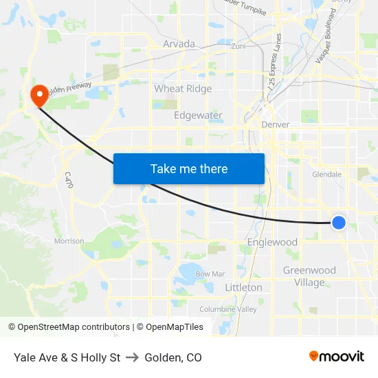 Yale Ave & S Holly St to Golden, CO map