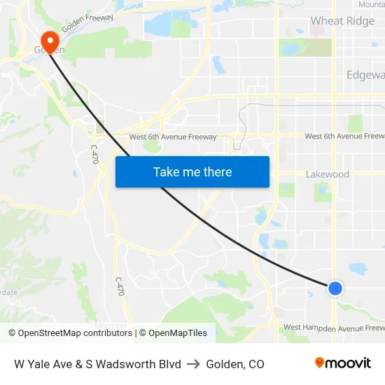 W Yale Ave & S Wadsworth Blvd to Golden, CO map