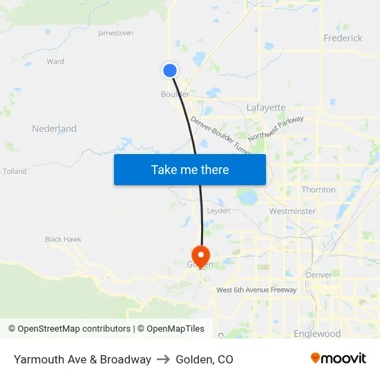 Yarmouth Ave & Broadway to Golden, CO map