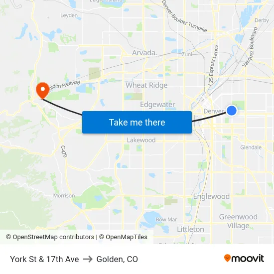 York St & 17th Ave to Golden, CO map