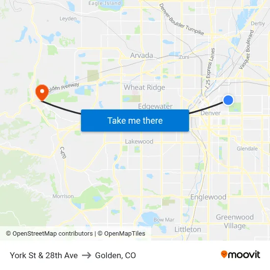 York St & 28th Ave to Golden, CO map