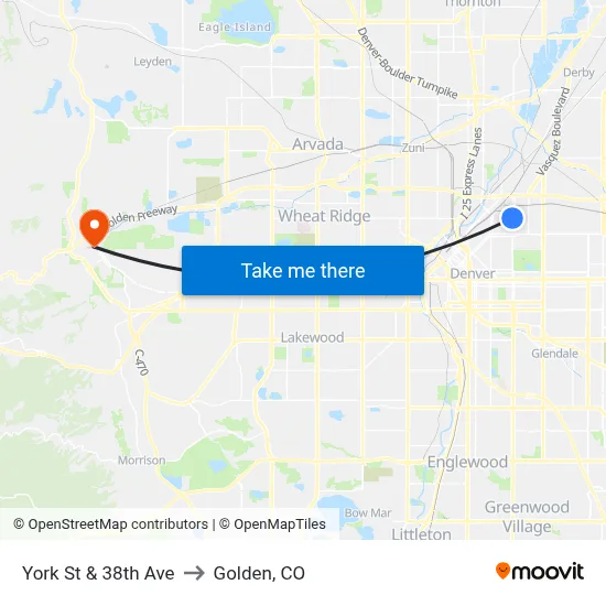 York St & 38th Ave to Golden, CO map