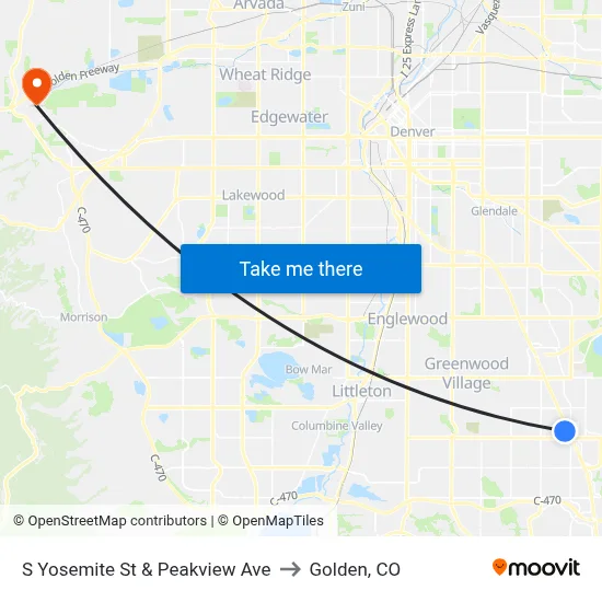 S Yosemite St & Peakview Ave to Golden, CO map