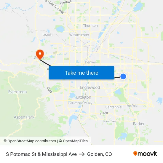 S Potomac St & Mississippi Ave to Golden, CO map