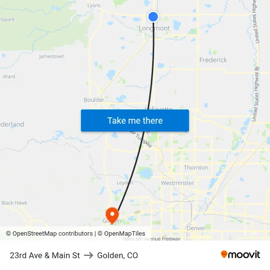 23rd Ave & Main St to Golden, CO map