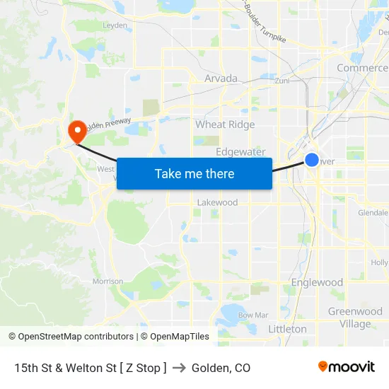 15th St & Welton St [ Z Stop ] to Golden, CO map