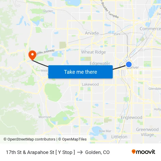 17th St & Arapahoe St [ Y Stop ] to Golden, CO map