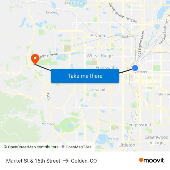 Market St & 16th Street to Golden, CO map