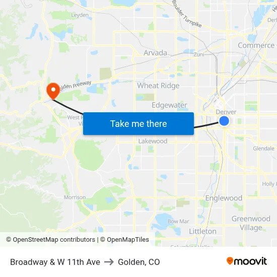 Broadway & W 11th Ave to Golden, CO map