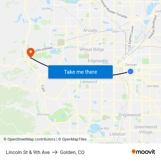 Lincoln St & 9th Ave to Golden, CO map