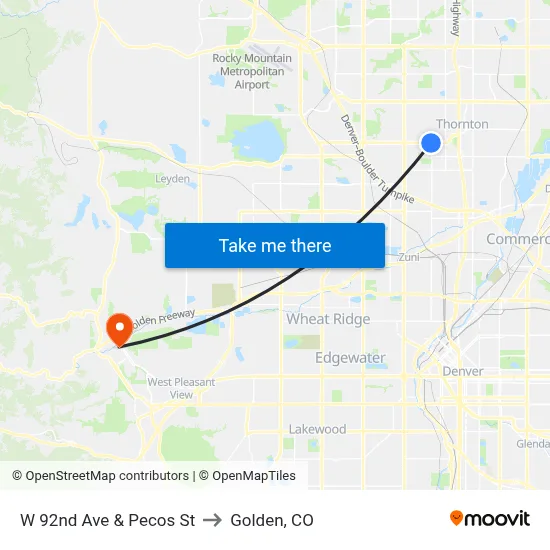 W 92nd Ave & Pecos St to Golden, CO map