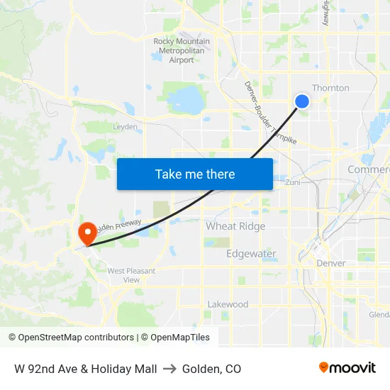 W 92nd Ave & Holiday Mall to Golden, CO map