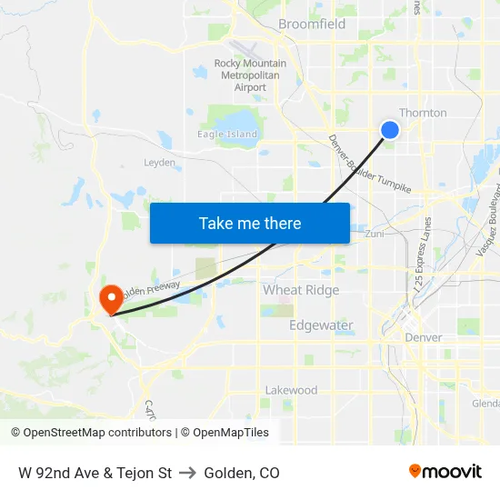W 92nd Ave & Tejon St to Golden, CO map