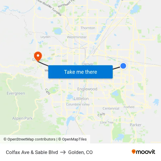 Colfax Ave & Sable Blvd to Golden, CO map