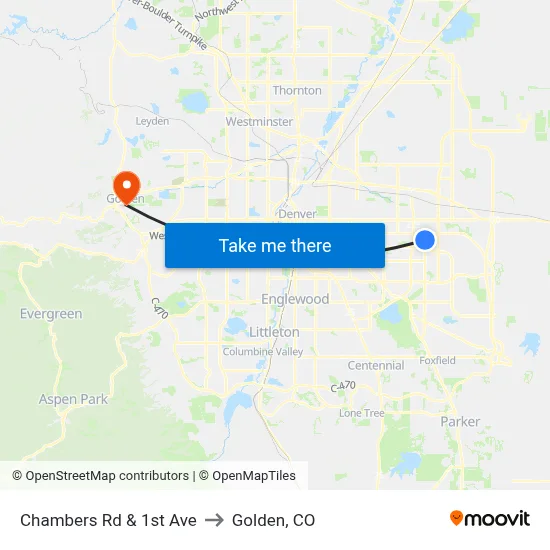 Chambers Rd & 1st Ave to Golden, CO map