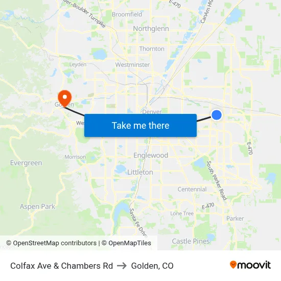 Colfax Ave & Chambers Rd to Golden, CO map