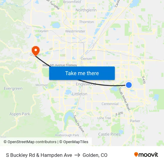 S Buckley Rd & Hampden Ave to Golden, CO map
