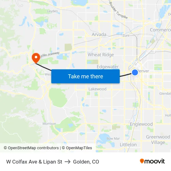 W Colfax Ave & Lipan St to Golden, CO map