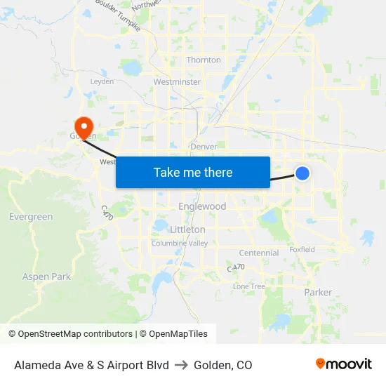 Alameda Ave & S Airport Blvd to Golden, CO map