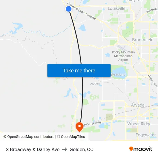 S Broadway & Darley Ave to Golden, CO map