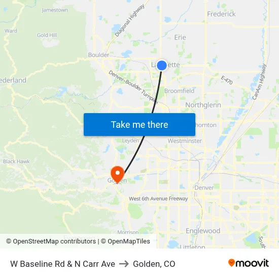 W Baseline Rd & N Carr Ave to Golden, CO map