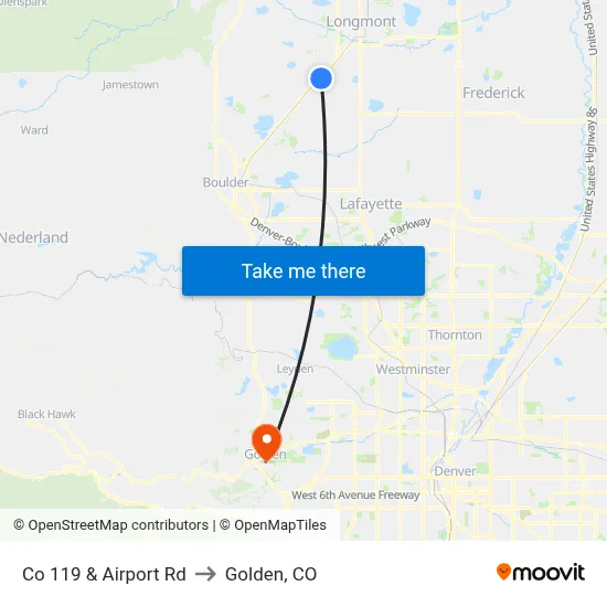 Co 119 & Airport Rd to Golden, CO map