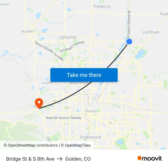 Bridge St & S 8th Ave to Golden, CO map