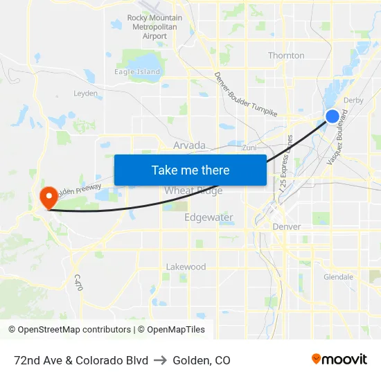 72nd Ave & Colorado Blvd to Golden, CO map