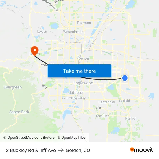 S Buckley Rd & Iliff Ave to Golden, CO map