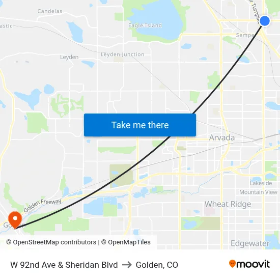 W 92nd Ave & Sheridan Blvd to Golden, CO map