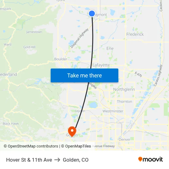 Hover St & 11th Ave to Golden, CO map