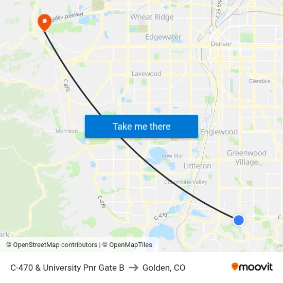 C-470 & University Pnr Gate B to Golden, CO map