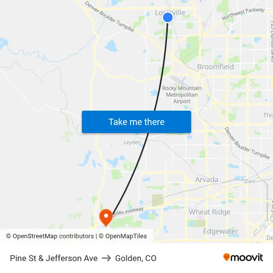 Pine St & Jefferson Ave to Golden, CO map