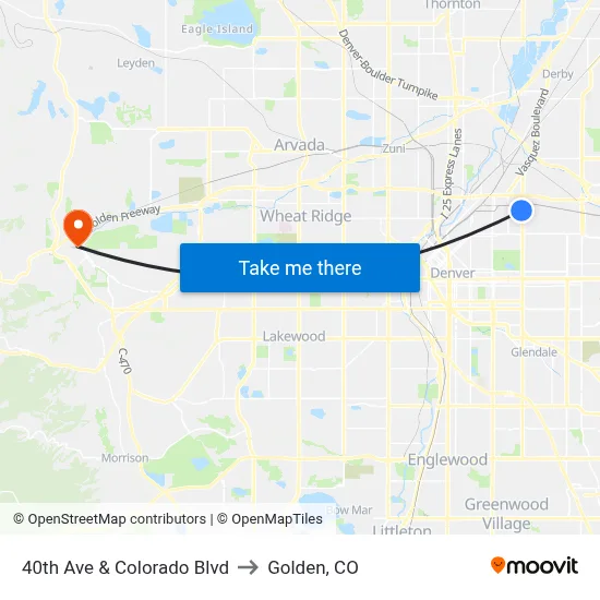 40th Ave & Colorado Blvd to Golden, CO map