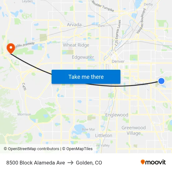 8500 Block Alameda Ave to Golden, CO map