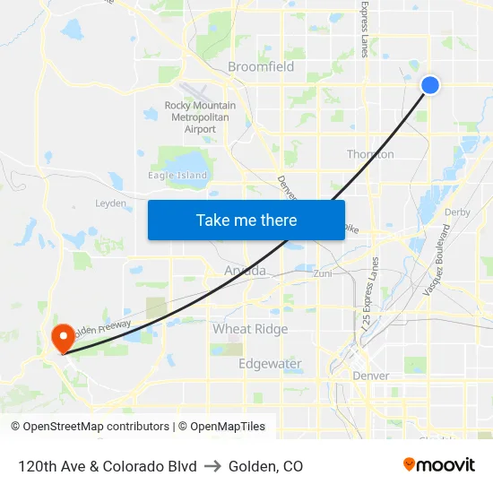 120th Ave & Colorado Blvd to Golden, CO map