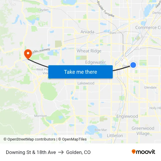 Downing St & 18th Ave to Golden, CO map