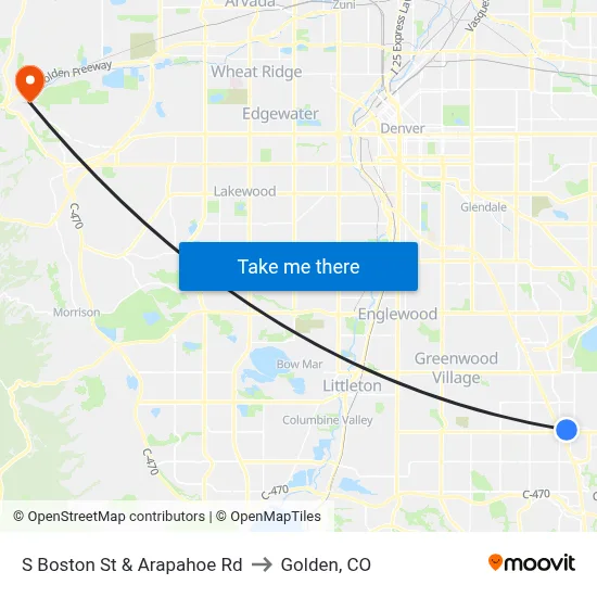 S Boston St & Arapahoe Rd to Golden, CO map
