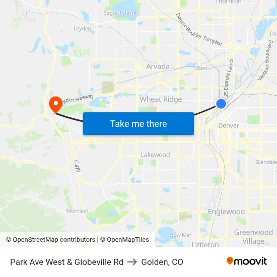 Park Ave West & Globeville Rd to Golden, CO map