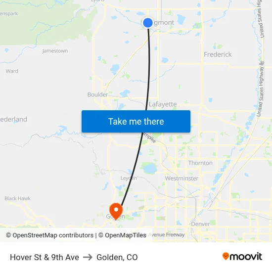 Hover St & 9th Ave to Golden, CO map