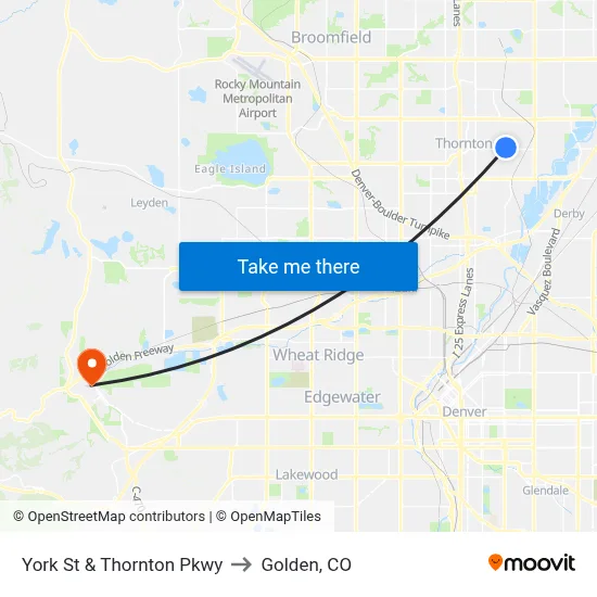 York St & Thornton Pkwy to Golden, CO map