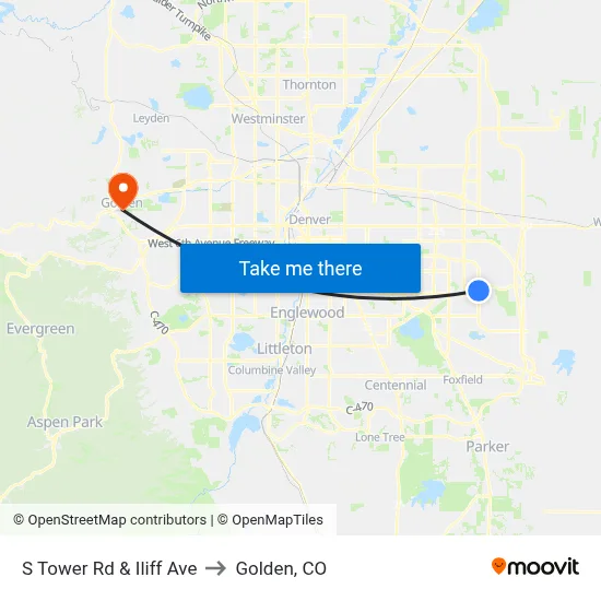 S Tower Rd & Iliff Ave to Golden, CO map