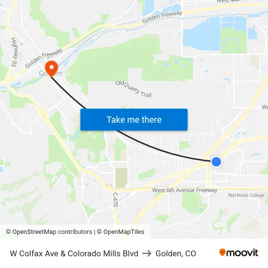 W Colfax Ave & Colorado Mills Blvd to Golden, CO map